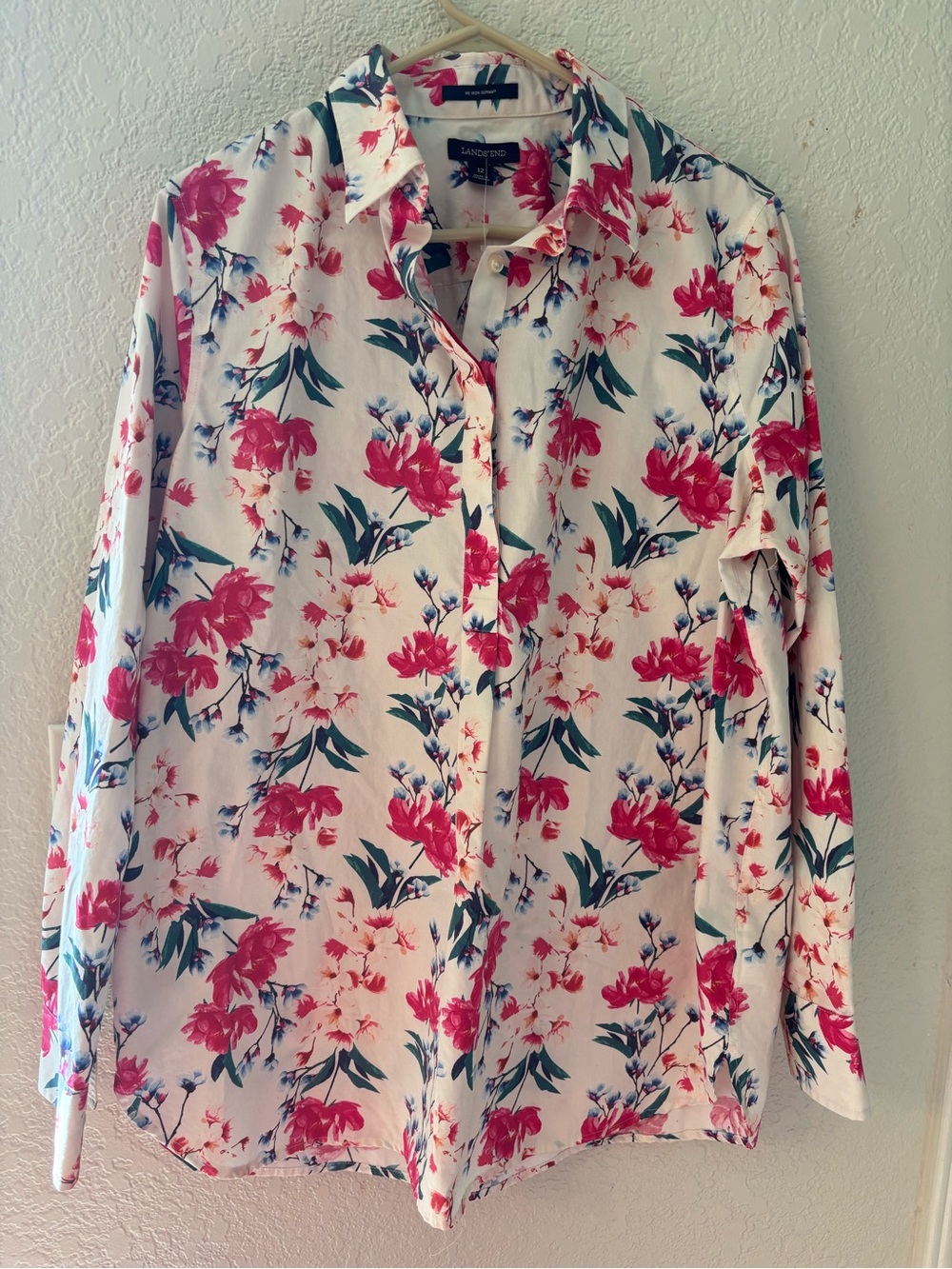 Floral Button-Up Shirt - White with Pink & Green Floral Print